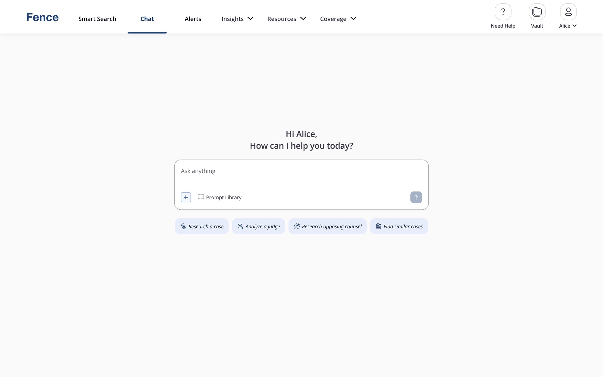 Chat home — Fence AI legal research interface