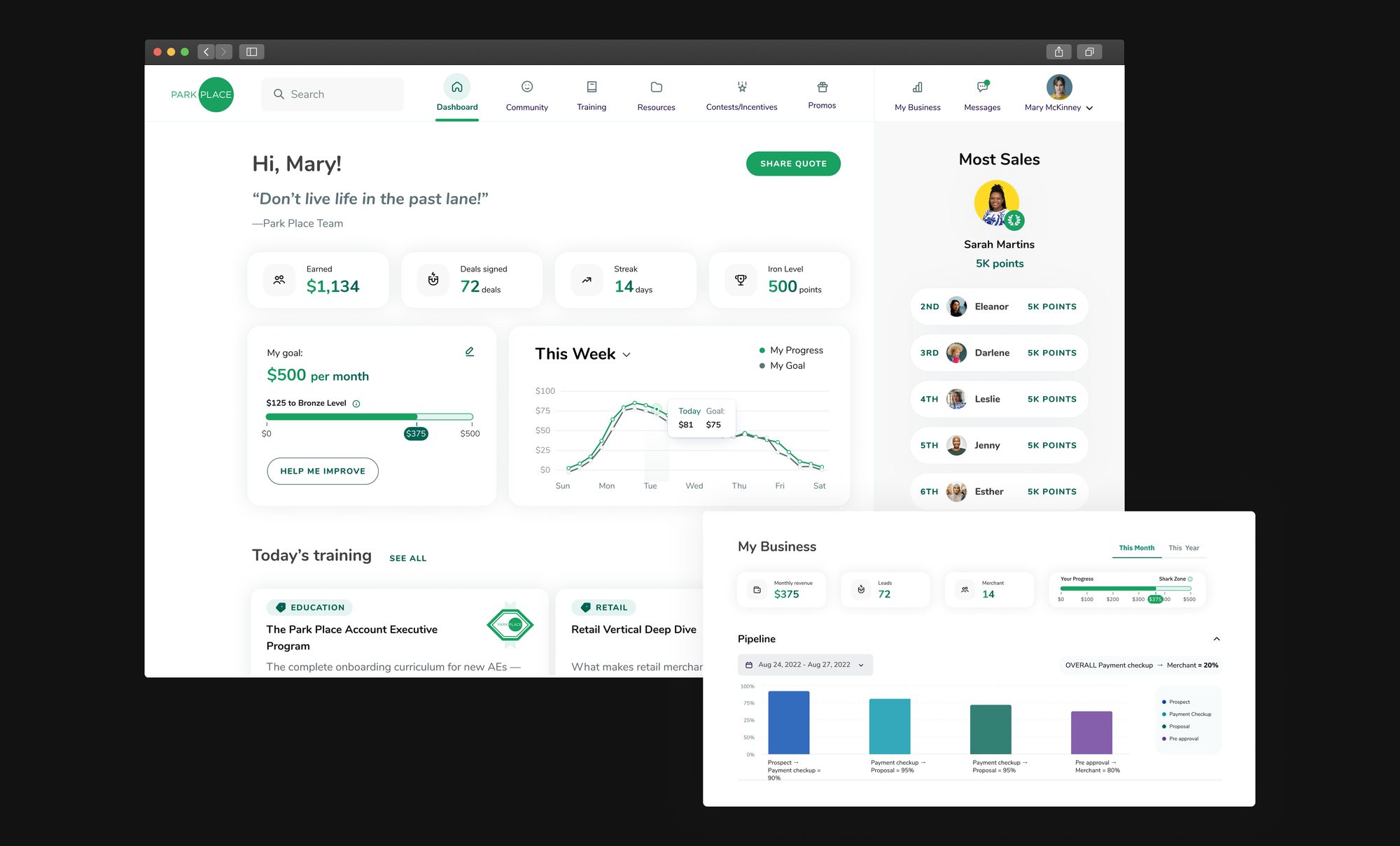 Park Place dashboard and My Business panel collage
