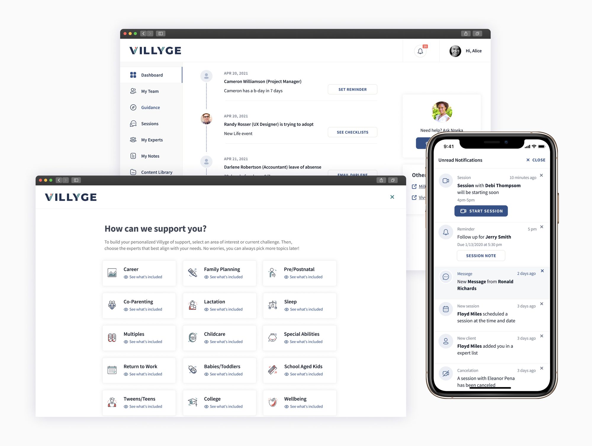 Villyge dashboard, notifications, and topic picker, desktop and mobile