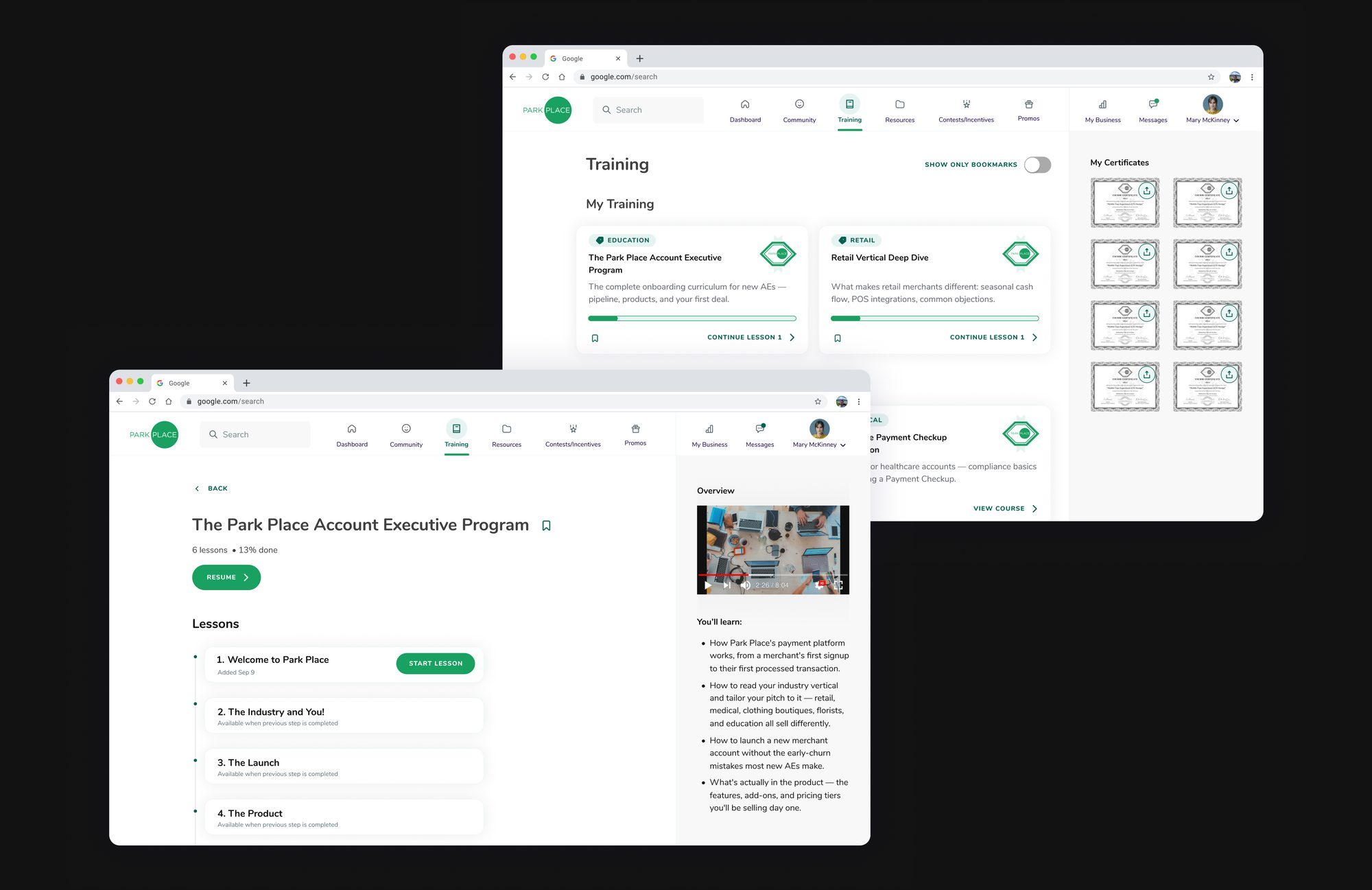 Training page showing earned certificates
