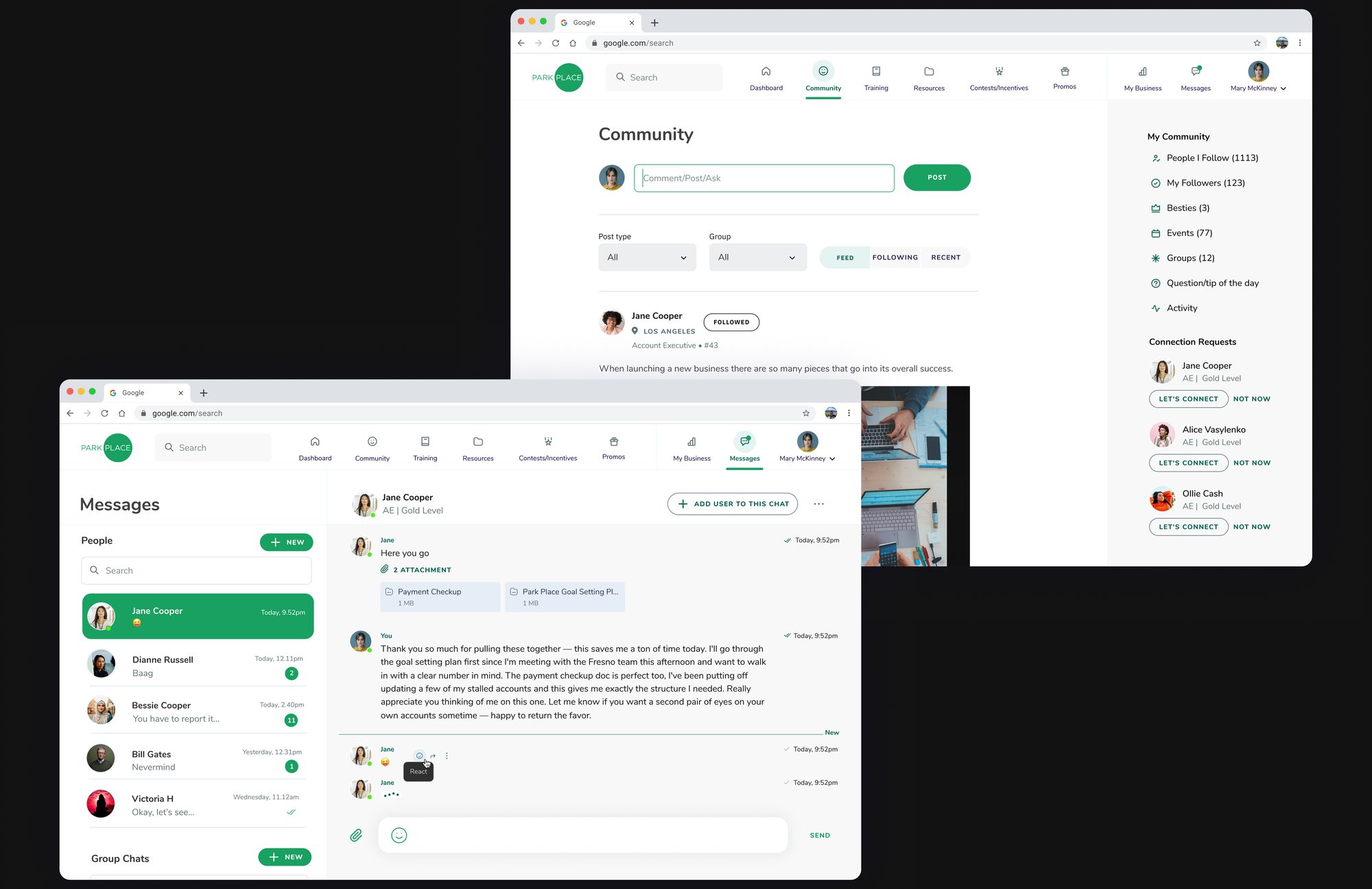 Community page showing follow tiers and connection requests