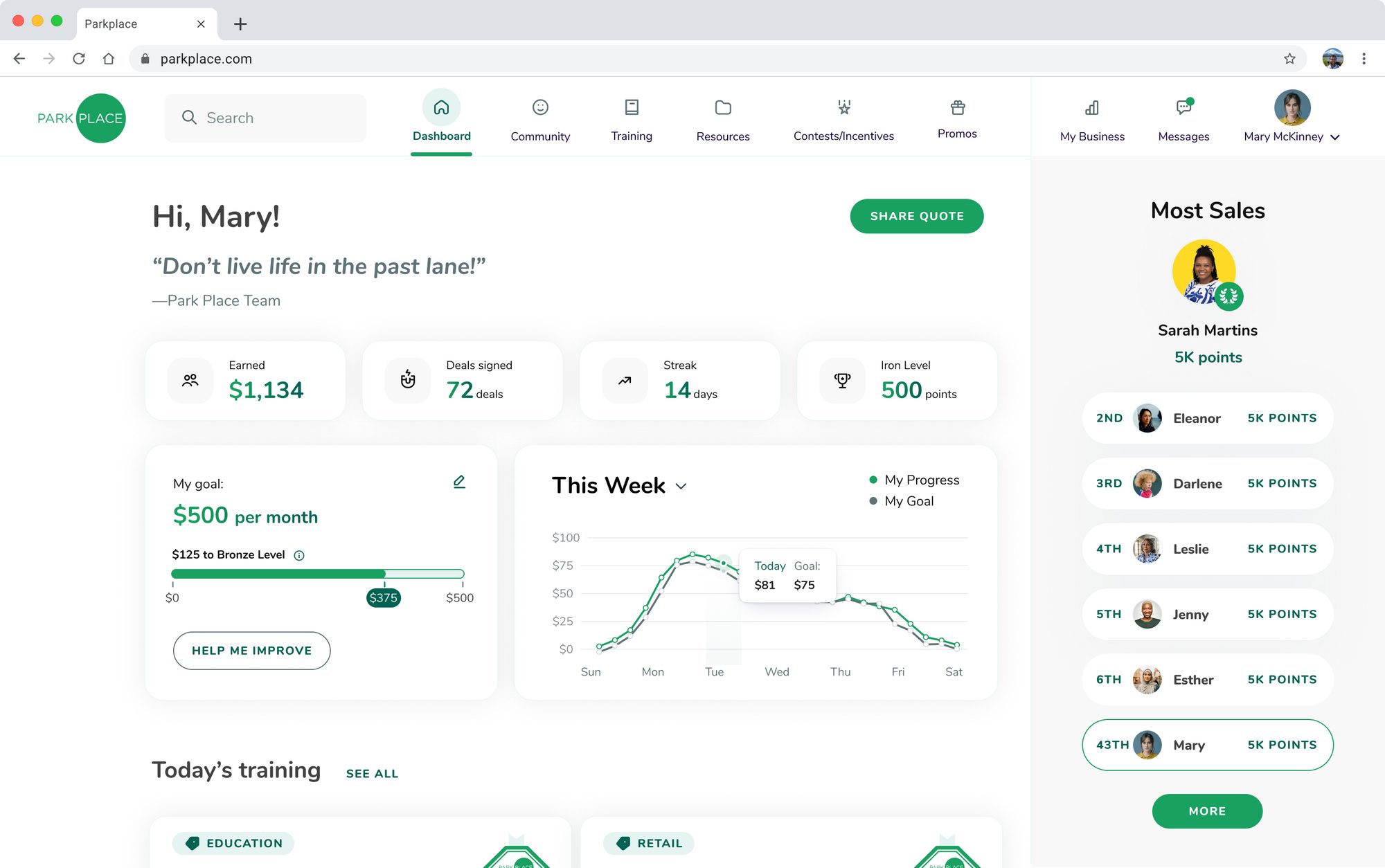 Park Place Dashboard screen