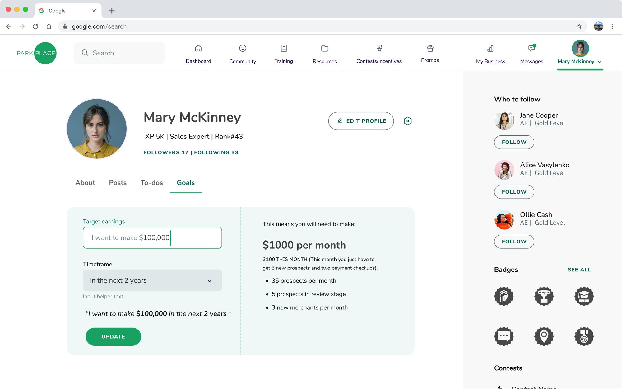 Profile page, Goals tab, showing the goal-editing form