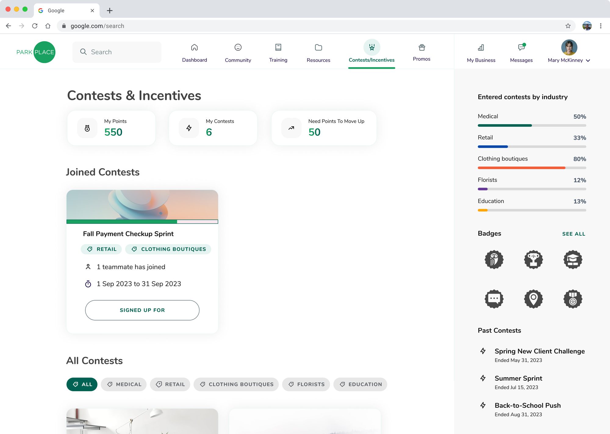 Contests and Incentives page showing badges