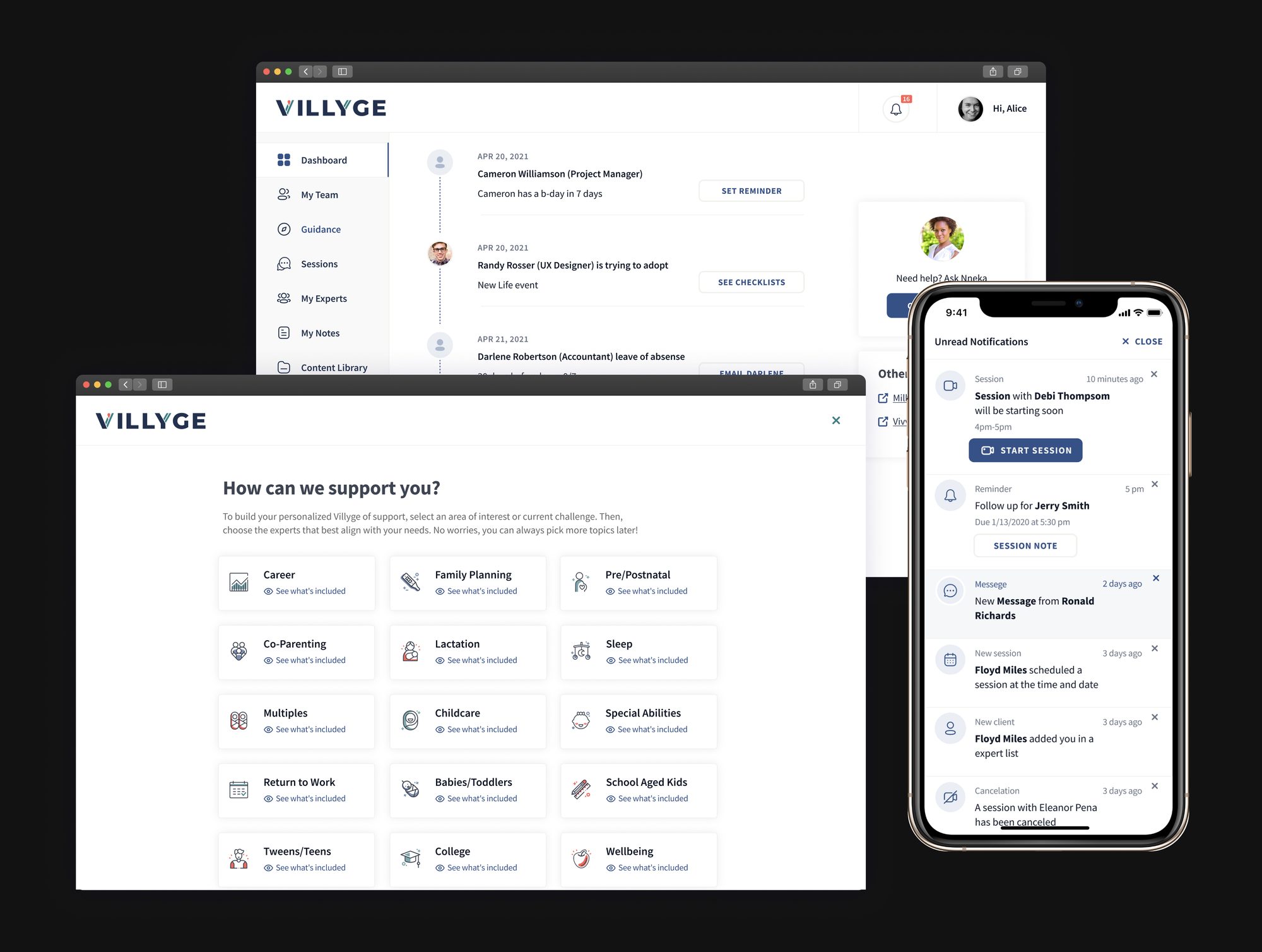 Villyge dashboard, notifications, and topic picker, desktop and mobile