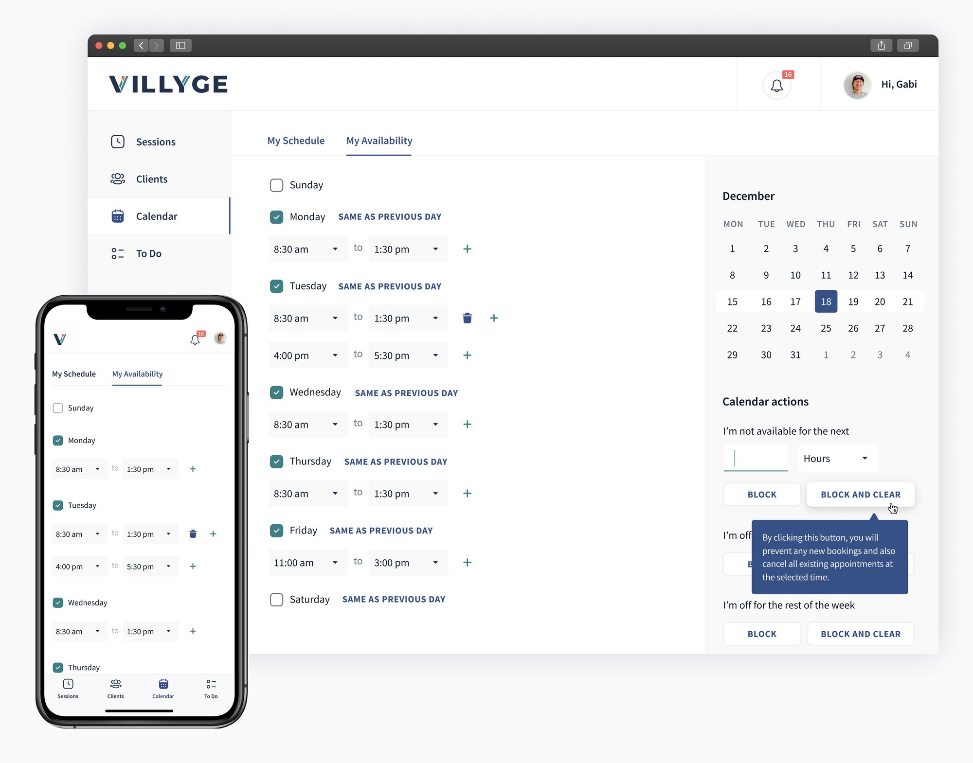 Expert availability and calendar, desktop and mobile