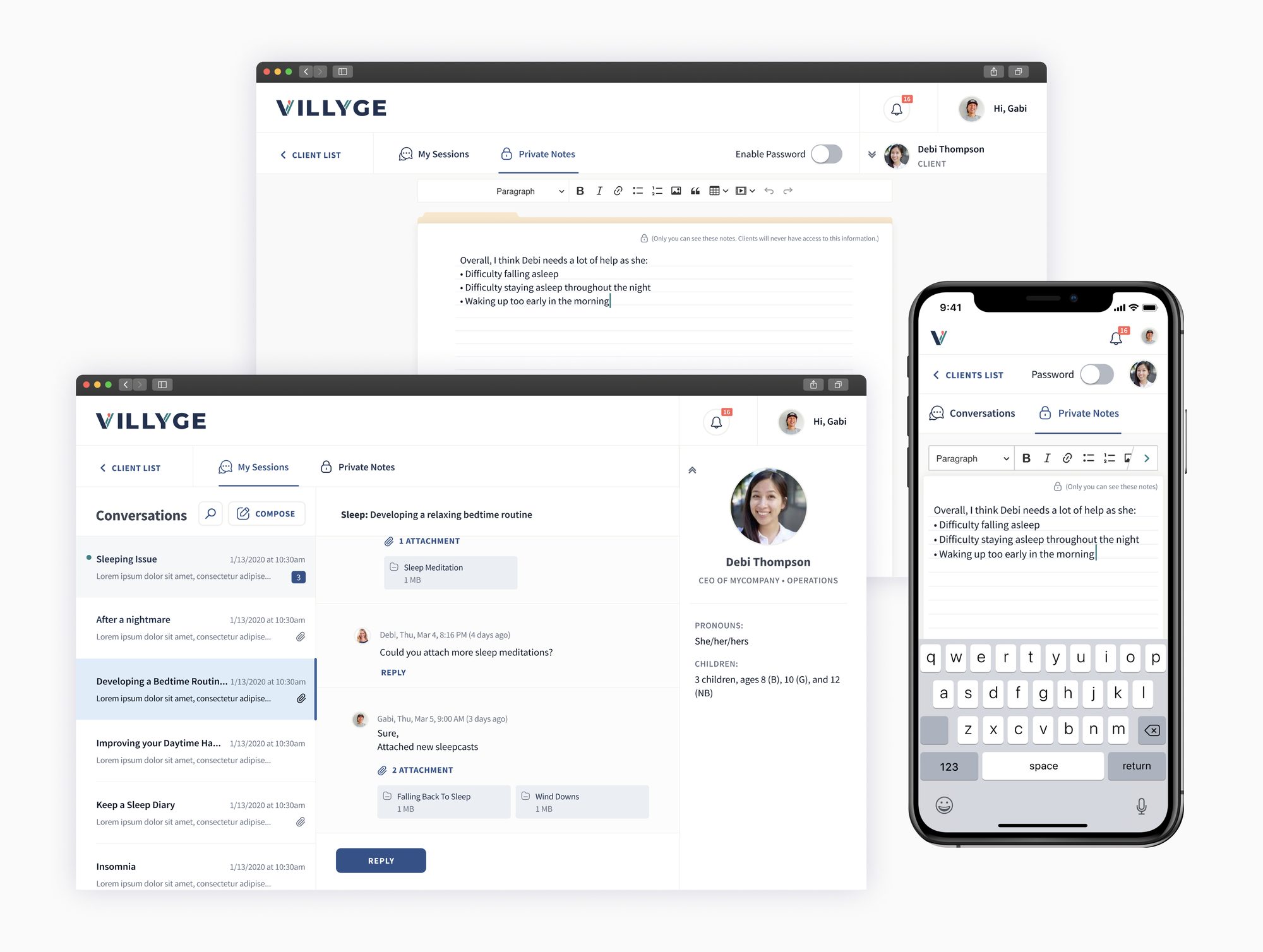 Client conversation and private notes, desktop and mobile